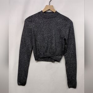 NWT Express Metallic Long Sleeve Crop Top Women's M Black Disco Boho 90s Y2K